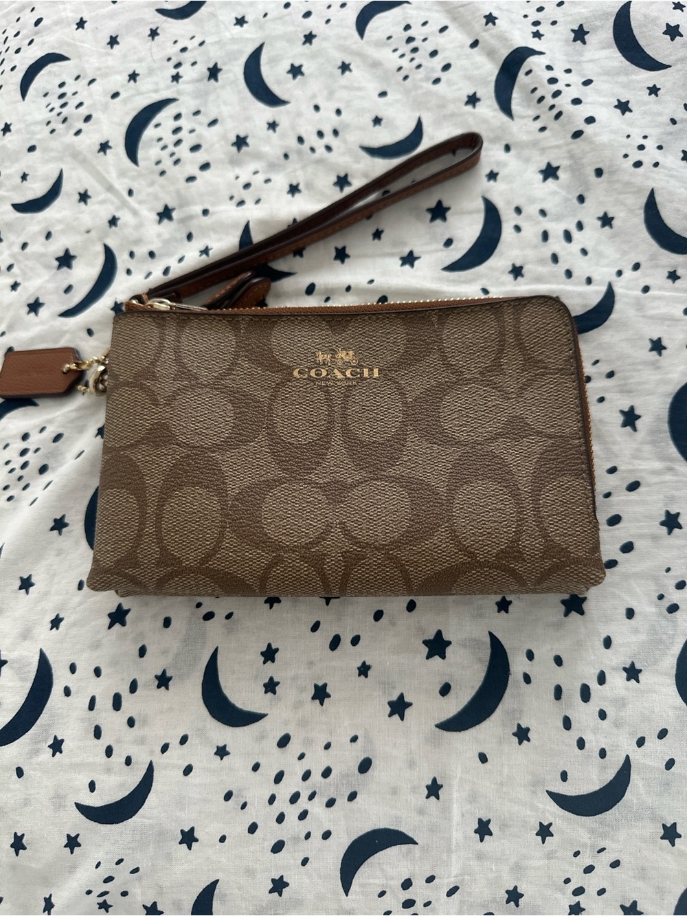 Coach Brown Signature Canvas Wristlet with Gold Logo
